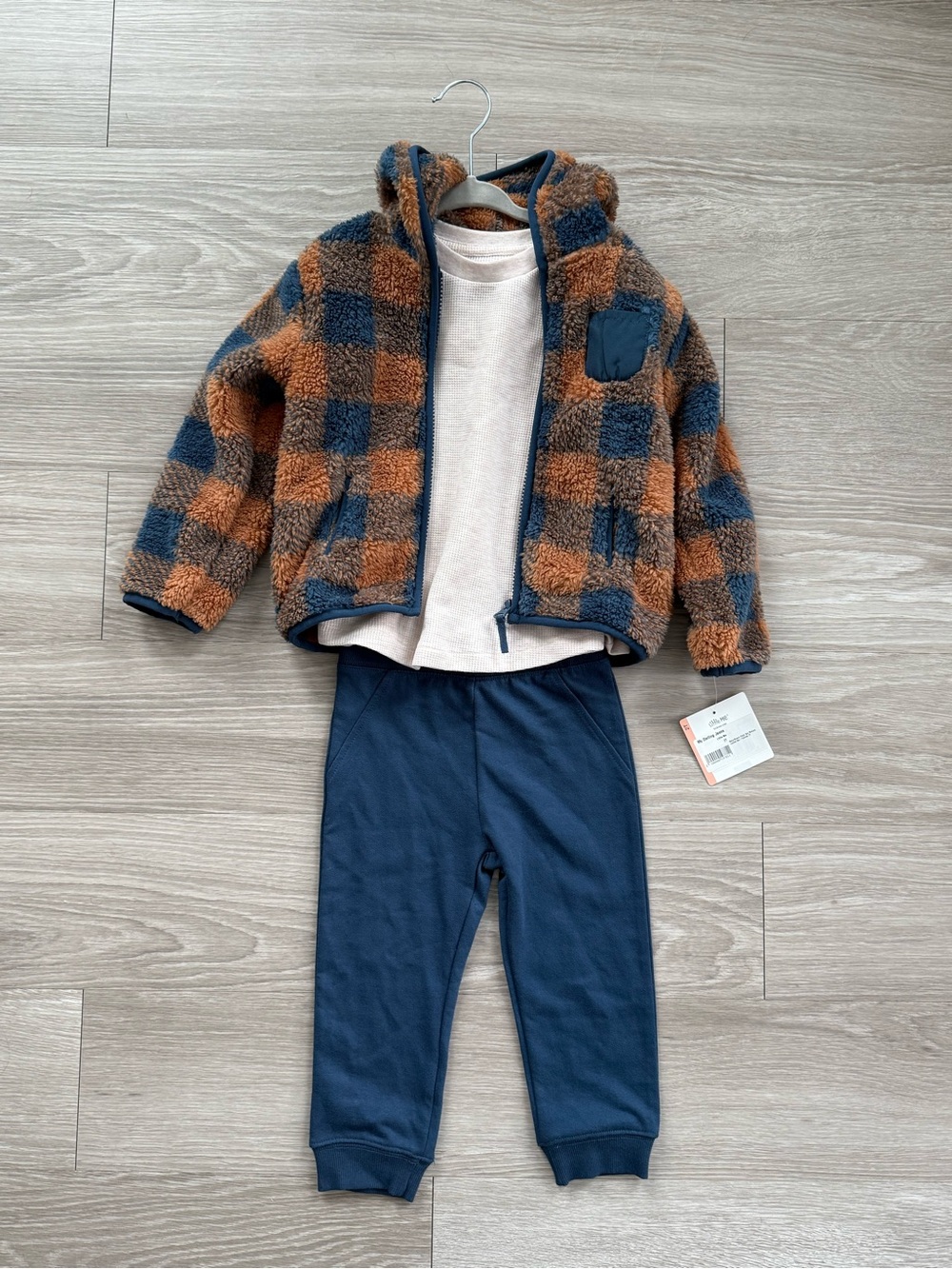 Little Me Fuzzy Plaid Jacket with Joggers